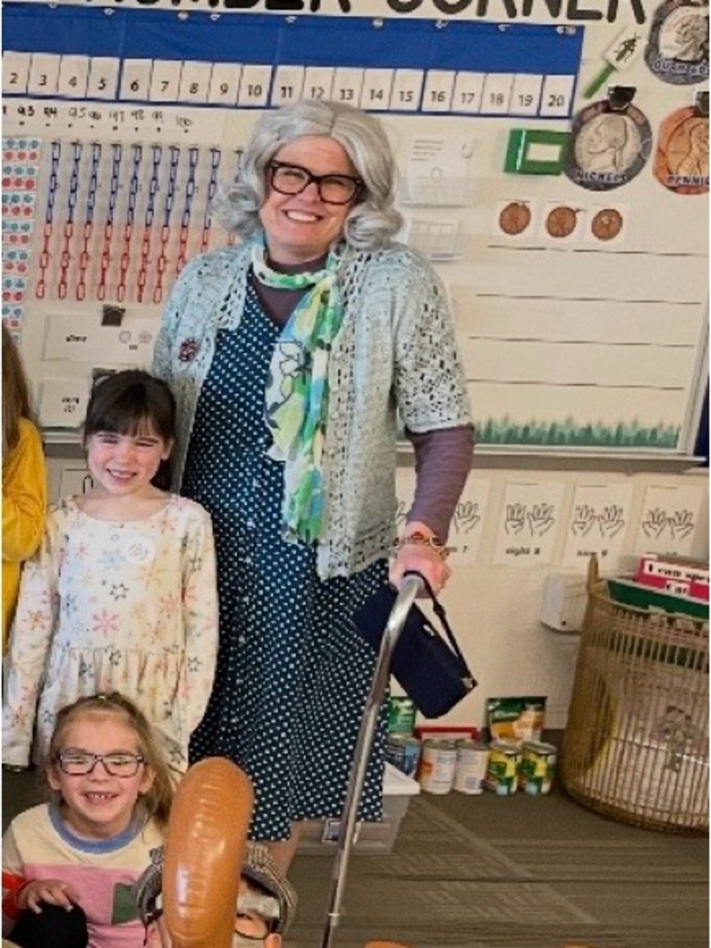 Elderly Women Costume Set with Grey Wig, Polka Dot Dress & Crochet Cardigan